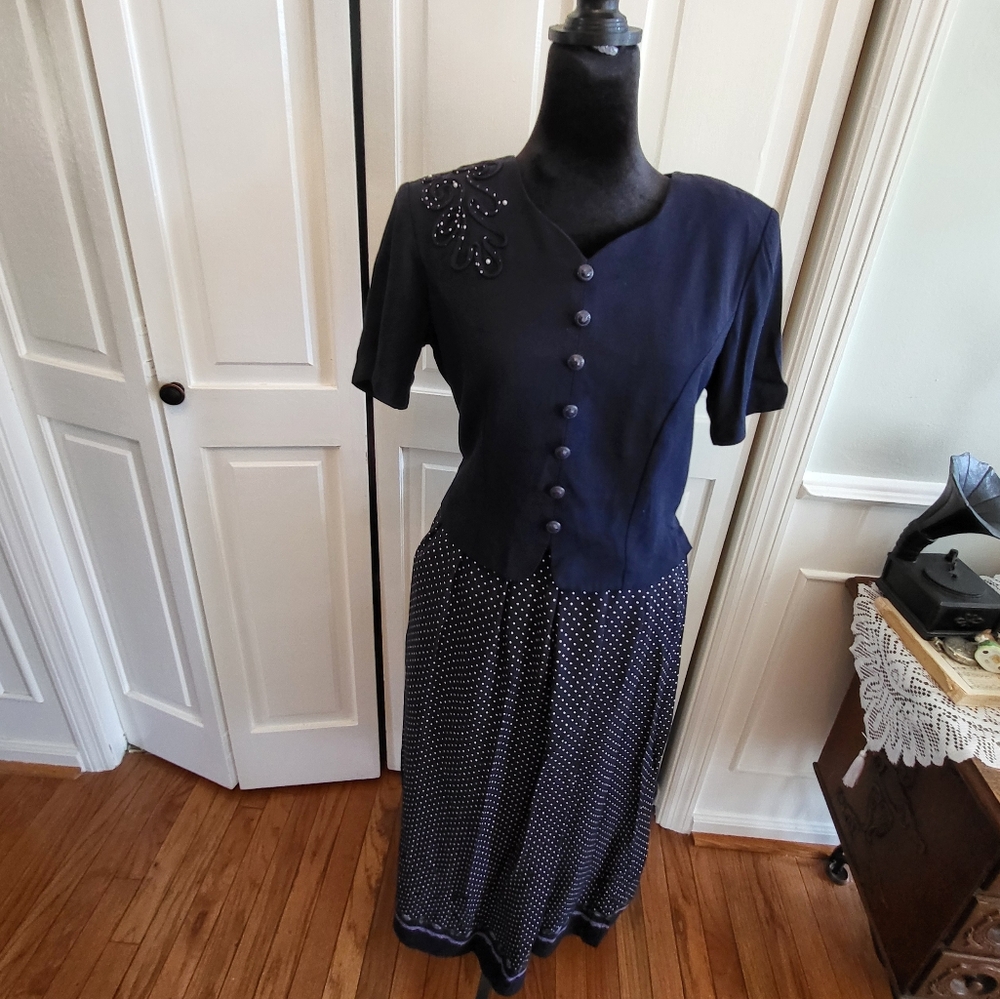Vintage 90's Navy And White Polka Dot Midi  Dress Sz 10 Retro Twee